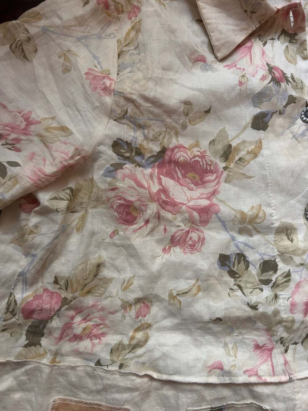 Vintage 90s Surrealist Floral Linen Patchwork Button-Down Shirt Jacket - Picture 5 of 13